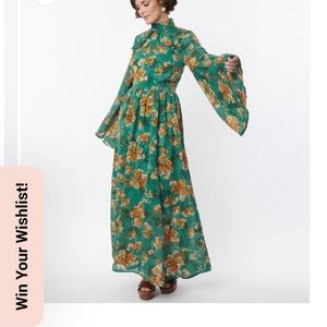 Unique Vintage Green & Orange Bell Sleeve Maxi Dress